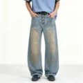 Trendy loose blue washed denim pants with vintage dirty effect and unique metal hook closure - S / Blue