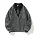 Herren Falsch Zweiteiliger Waffel Pullover Lässig Revers Langarm Sweatshirt Grau L-9XL - L / Schwarz