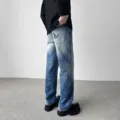 Men vintage washed distressed baggy jeans streetwear autumn casual loose denim trousers - 28 / Blue