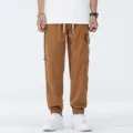Men's casual cargo joggers lightweight summer loose trousers brown elastic cuffs - M / Camel