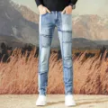Jeans de hombre patchwork estilo retro slim fit pierna recta pantalones denim moda - 28 / Azul claro