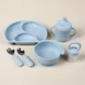 Set de vaisselle bébé en silicone avec assiette ventouse bol tasse cuillère fourchette - Ensemble de 6 pièces / Bleu Gris Clair