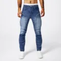 Men's slim fit biker jeans blue washed distressed denim pants with unique 3D paneled design - 29 / Blue