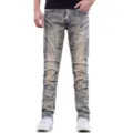 Men's distressed slim biker jeans with pleated knees and vintage washed retro blue finished. - 29 / Nostalgic Color