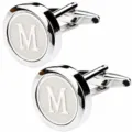 Silver tone round initial letter M cufflinks for men french dress shirts details close up - M