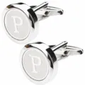 Men silver round initial letter P French shirt metal cufflinks detailed product view image - Letter P
