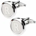 Silver tone metal round cufflinks for men with elegant letter R monogram detail french shirt. - Letter R