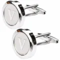 Silver tone metal cuff links for men featuring letter V design, elegant detail shot. - Letter V
