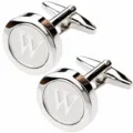 Detailed close-up of a silver-tone men's cufflink featuring a classic letter W design. - Letter W