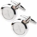Detailed view of silver-tone round metal cufflinks featuring an engraved letter X design. - Letter X