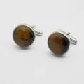 Classic round brown cat eye stone cufflinks with silver tone metal base for men shirts. - Style 10