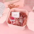 Pink octagonal gift box set with cute plush rabbit, mini flower bouquet, and greeting card. - Large Box + Bag + Raffia + Card / Pink