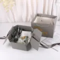 Grey octagonal gift box set with bag plush toy and mini flower bouquet for wedding and birthday. - Large (20.5cm) Box + Bag / Gray