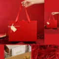 Coffret cadeau rouge style tiroir avec poignée ruban, raphia et cartes de vœux élégant. - Petit+Raphia+Carte (17x12x5.8cm) / Rouge