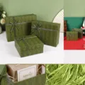 Vintage Muster Geschenkkarton Set mit Deckel, Papiertüte, Raffia und Karte für Party - 27.5x21.5x9cm (Box + Beutel + Bast + Karte) / Vintage Grün