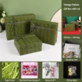 Retro Geschenkkarton Set mit Deckel und Schleife, Grusskarte, Blumen und LED Lichterkette. - 27.5x21.5x9cm (Komplettes Set mit Blumen Lichter Kaninchen) / Vintage Grün