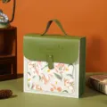 Green leather gift box with elegant floral tulip pattern, top handle and embossed love blessing text - Small (18.3x18x6.8cm) / Green