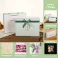 Green gift box set with bow, greeting card, fairy lights and rabbit doll for celebrations. - Bow Gift Box Full Set with Light String / 27.5x21.5x10.5cm