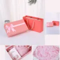 Pink bow gift box set with matching bag, raffia paper and cute greeting cards for gifts. - Gift Box + Gift Bag + Raffia + Card