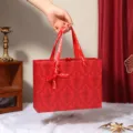 Red vintage drawer gift box with ribbon handle and bow, large capacity packaging for holidays. - Red Patterned Empty Gift Box; 27*20*8.8cm