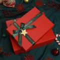 Red Christmas gift box set with green ribbon and star decor, perfect for holiday packaging. - Lid and Base Box with Gift Bag / Small 18x12x7.5cm / Red