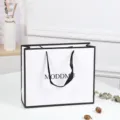 White paper shopping gift bag with black handles and elegant minimalist design for clothing retail. - 29*24*9 cm