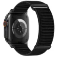 Alpine nylon watch band detail view showing back sensor and sturdy metal loop clasp. - Black (Black Buckle)