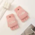 Pink knit fingerless flip-cover gloves for women, stylish winter warm writing gloves. - Pink