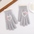 Warme Strickhandschuhe für Damen, gefüttert verdickt doppeltes Herz Design, grau winddicht. - Silbergrau