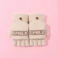 Dicke warme Damen Winterstrickhandschuhe halbe Finger klappbar mit niedlichem Lächeln. - Einheitsgröße / Beige