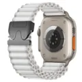 Detailed view of the white nylon alpine loop watch band with black parachute buckle for smartwatches. - White (Black Button)