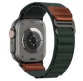 Close-up detail of the retro leather and alpine nylon loop watch band compatible with Apple Watch. - Dark Green (Black Buckle)