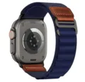 Nylon loop watch band with leather patch and metal buckle compatible with smart watch models securely. - Dark Blue (Black Buckle)