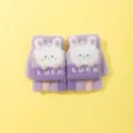 Children's cute rabbit flip-top half-finger knit gloves detail view showing cute design. - Purple