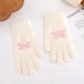 Women winter warm knit gloves cute pink butterfly jacquard thick fleece lined mittens soft - Off White