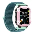 Kinderslimme horloge met roze robuuste behuizing en groene nylon gevlochten band. - Universeel Model / Azurblauwe Veer