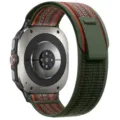 Nylon trail loop horlogeband compatibel met Samsung Galaxy Watch Ultra 47mm, olijfgroen. - Samsung Ultra (Zilveren connector) / Donker sparrengroen met oranje