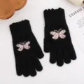 Damen Winter warme Strickhandschuhe schwarz süße rosa Schmetterling Jacquard dicke Fäustlinge - Schwarz