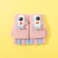 Gants d'hiver épais en peluche pour enfants mignon astronaute mitaines tricotées rose - 4-10 Ans / Lapin Astronaute Rose