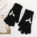 Schwarze Strickhandschuhe mit weißem Plüsch-Knochen-Detail, Winter warm Touchscreen - Schwarz