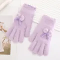 Warme Plüsch Strickhandschuhe für Damen, Winter verdickte Fingerhandschuhe mit süßer Schleife. - Lila