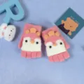 Children winter half-finger gloves warm knit cute cartoon style for boys and girls kids daily wear - 3-6 Years / Deep Pink