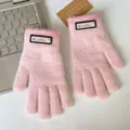 Rosa Strick Fünf-Finger Winterwarme Handschuhe mit süßem Aufnäher und weichem Fleece für Damen - Einheitsgröße / Rosa Perlen-Etikett