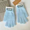 Hellblaue gestreifte warme Fünffinger-Handschuhe mit Plüschbündchen für Damen. - Einheitsgröße / Blaues Perlen-Etikett
