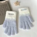 Gestreickte warme Fünffinger-Winterhandschuhe in blauem Farbverlauf für Damen elegant - Einheitsgröße / Blaugraue Schneeflocken-Stickerei