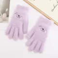 Women cute warm knit gloves winter cozy fuzzy gloves with cute dog embroidery soft cozy wear - Purple