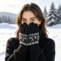 Schwarze Strickhandschuhe mit Rentiermuster, thermische Touchscreen Radhandschuhe. - Einheitsgröße / Schwarz und Grau