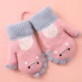 Kinder Winter warme Strickfäustlinge mit süßem Cartoon Dinosaurier Design und Umhängekordel. - 1-3 Jahre Mit Riemen / Rosa Dinosaurier