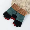 Strick-Touchscreen-Winterhandschuhe mit Plüschbündchen und gestreiftem Muster in Schwarz-Braun. - Einheitsgröße / Schwarz
