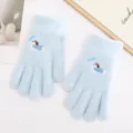 Light blue knit gloves for women winter warm cute puppy embroidery touchscreen fleece lined warm - Blue